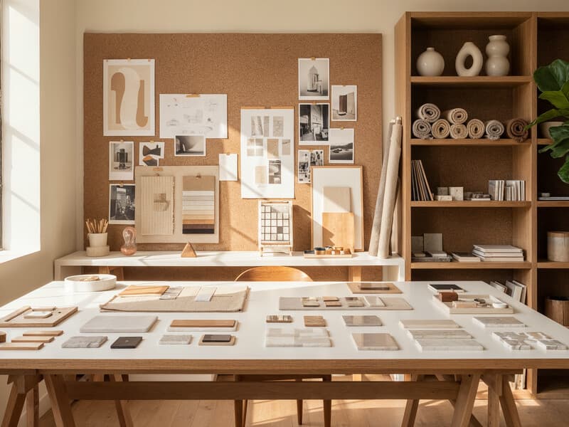 Interior design concept board with sketches, warm materials, and color samples on an oak table.